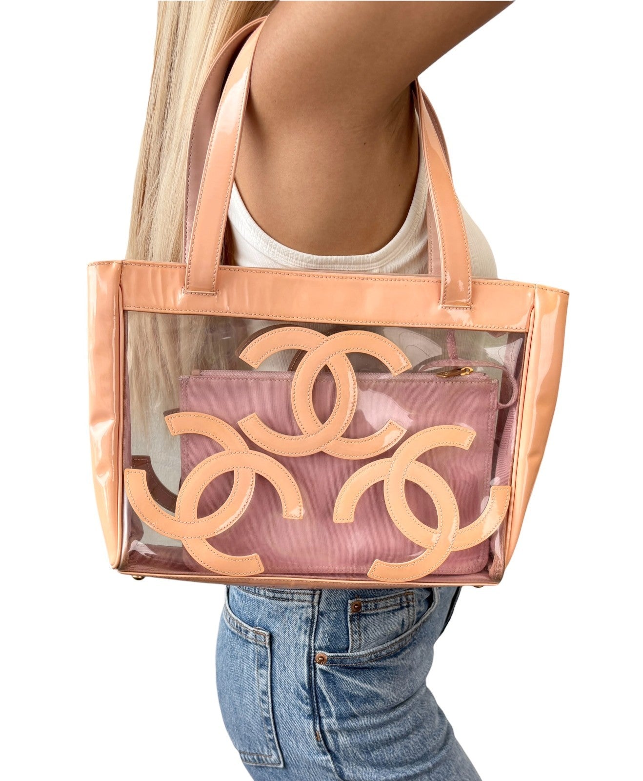 CHANEL Vintage Triple CC Logo Clear Tote Shoulder Bag Pink Beige Pouch 902078