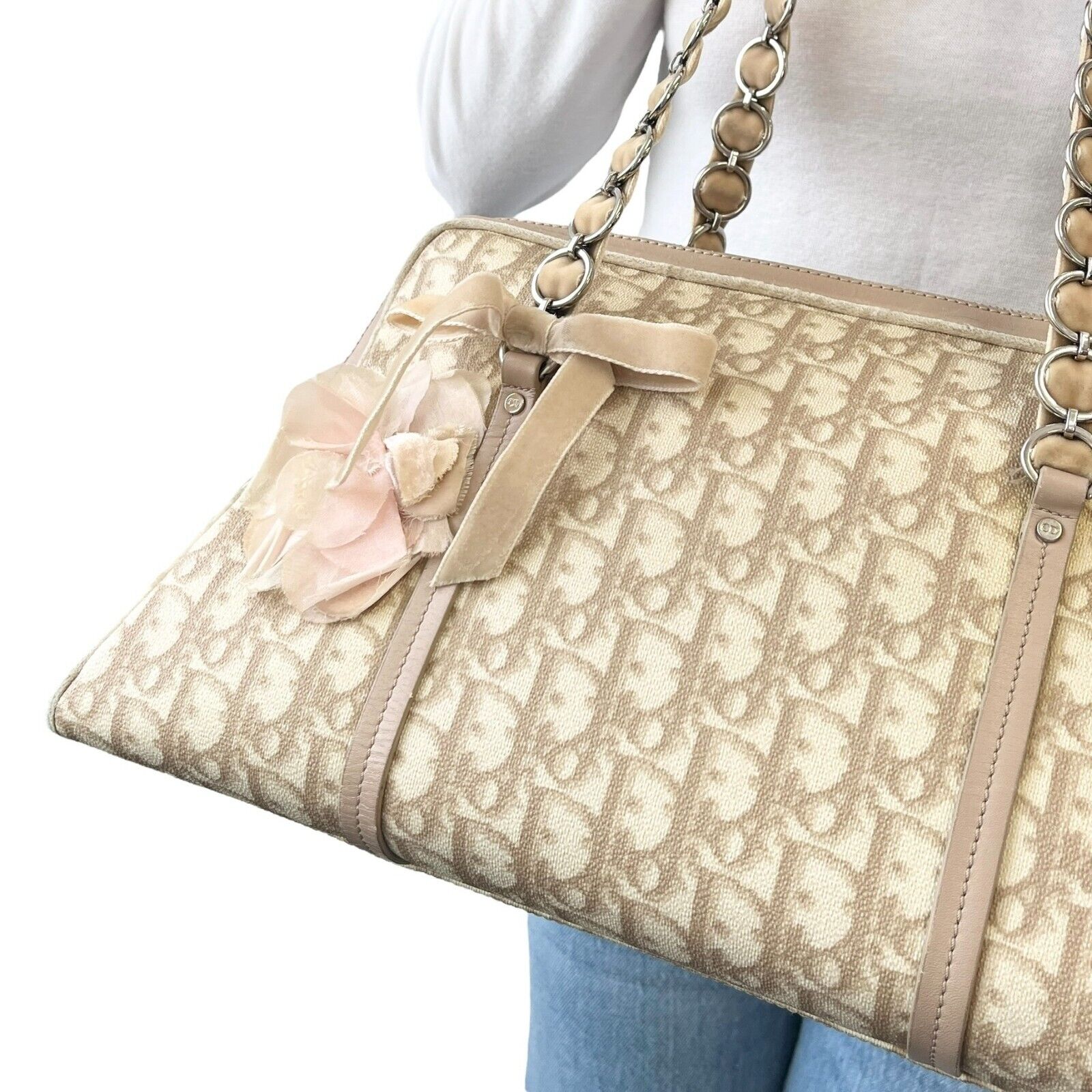 Christian Dior Vintage 2005 Romantique Trotter Monogram Shoulder Bag Cream
