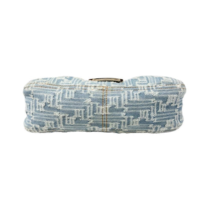 FENDI Vintage FF Zucca Monogram Denim Mamma Baguette Shoulder Bag Blue Gold
