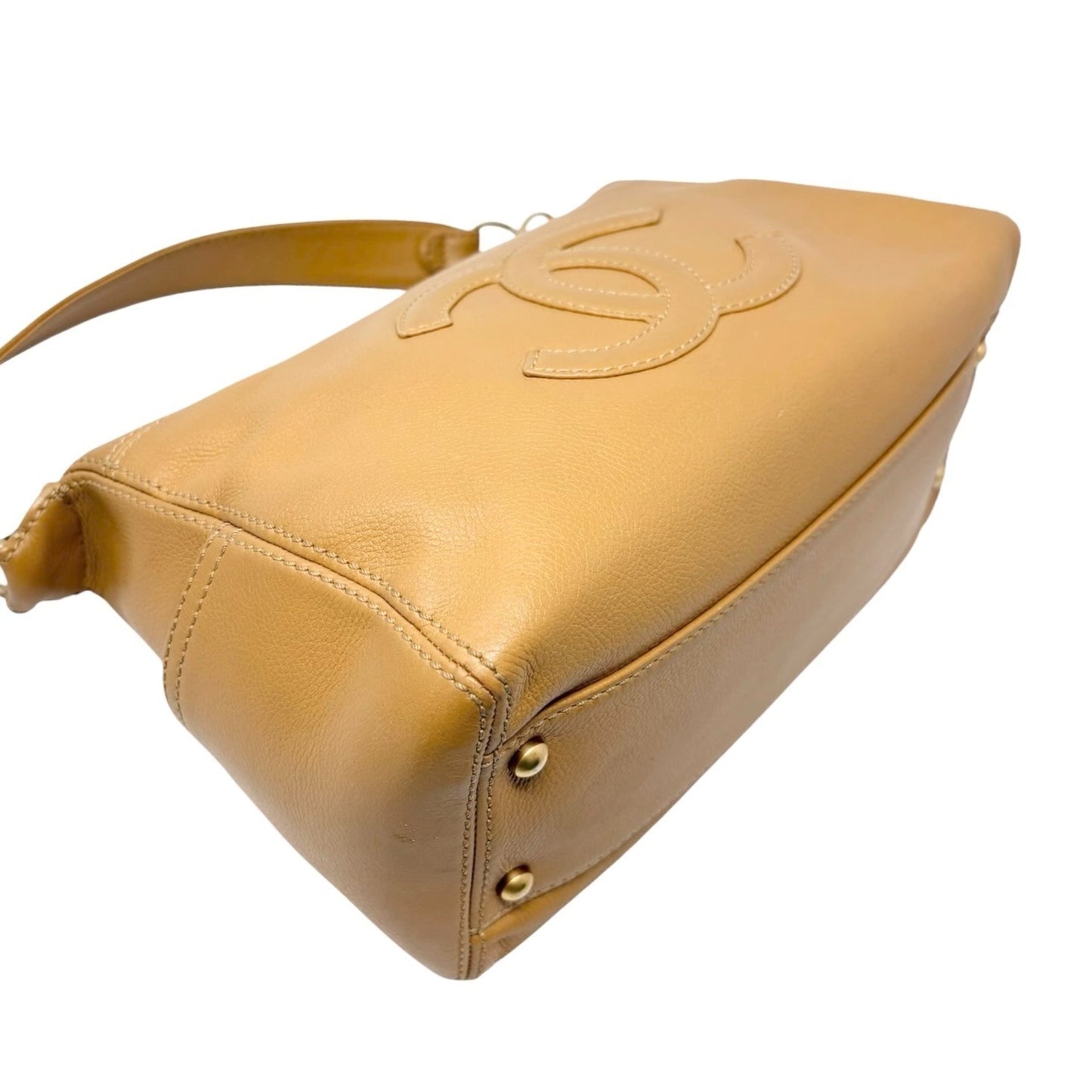 CHANEL Vintage Big CC Logo Leather Shoulder Hobo Bag Beige Gold Stitch Chain