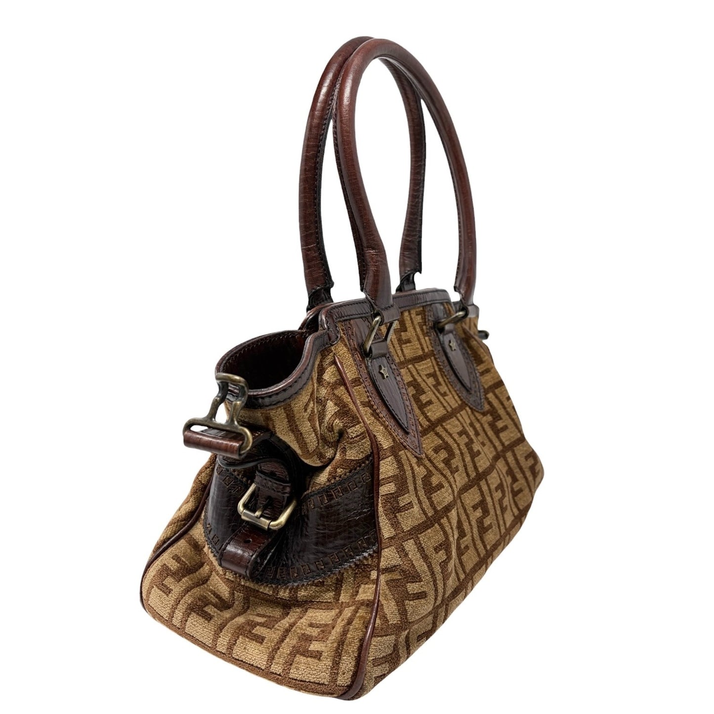 FENDI Vintage FF Logo Zucca Etniko Shoulder Bag Brown Gold Velour Leather