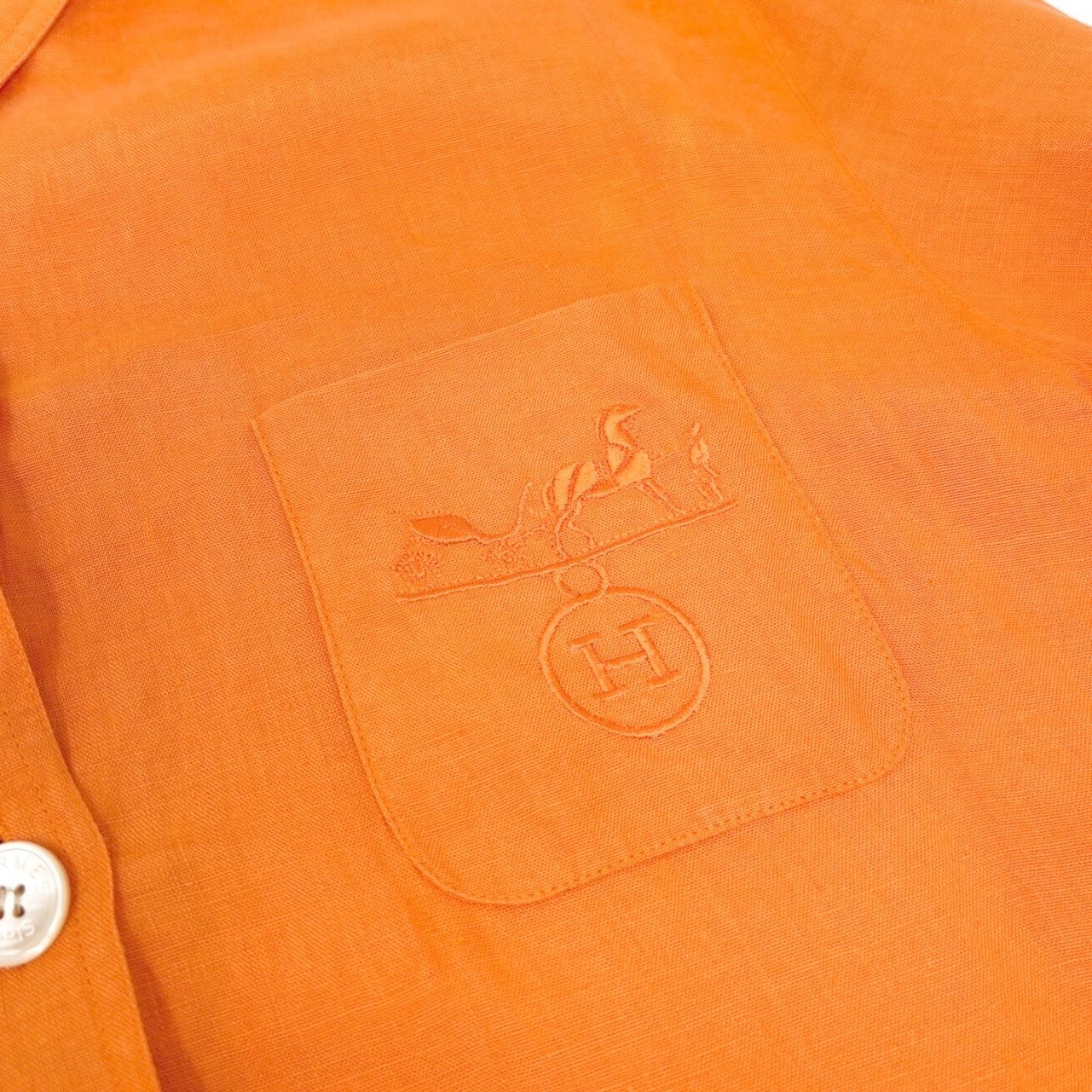 HERMES Vintage Button Up Shirt Top #36 Horse Carriage Embroidery Orange Linen