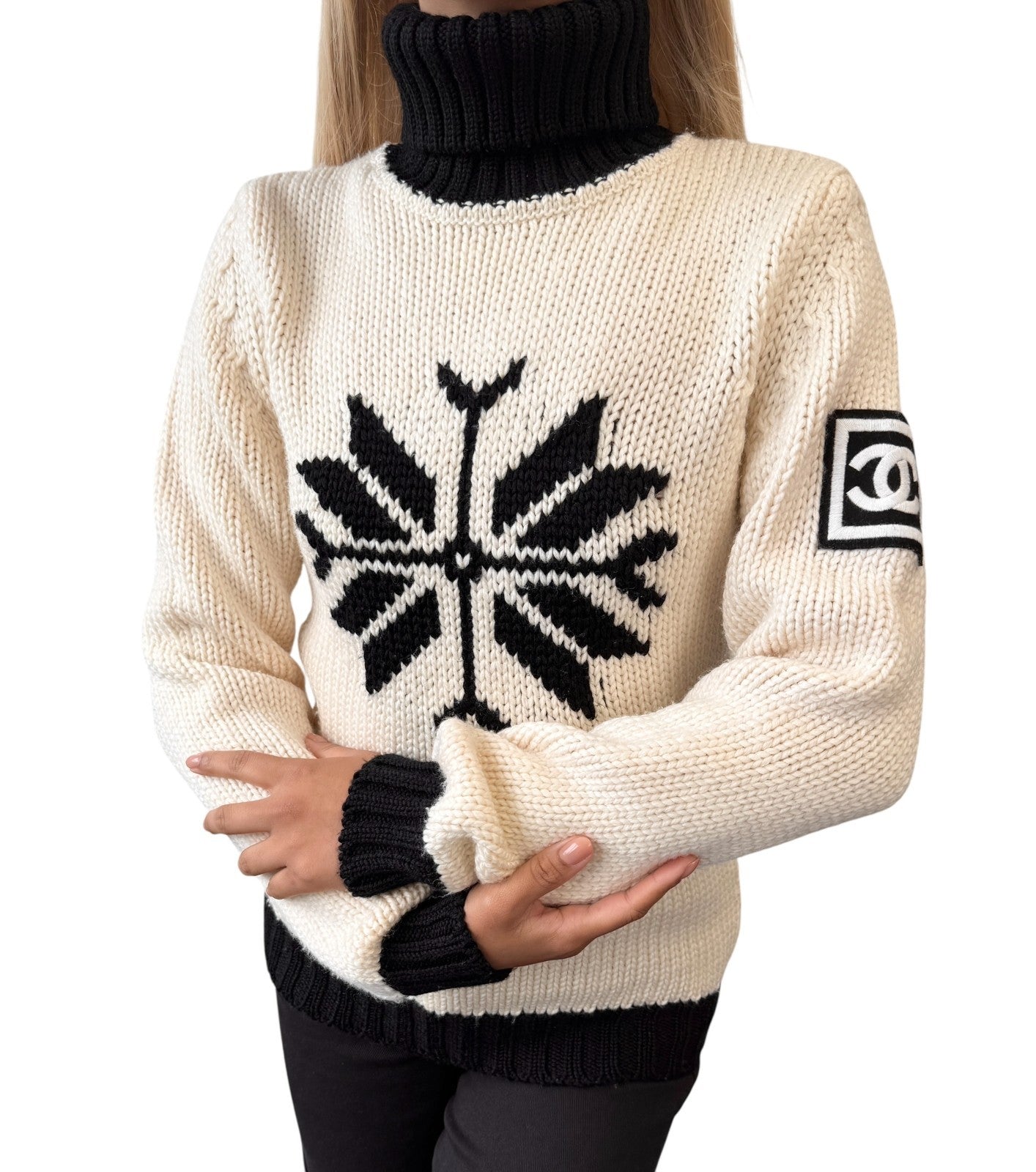 CHANEL Sport Vintage 08A CC Logo Snowflake Knit Turtleneck Sweater #38 901977
