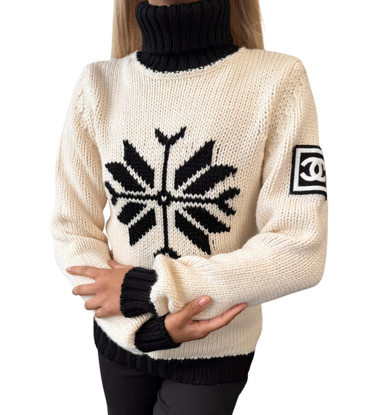 CHANEL Sport Vintage 08A CC Logo Snowflake Knit Turtleneck Sweater #38 901977