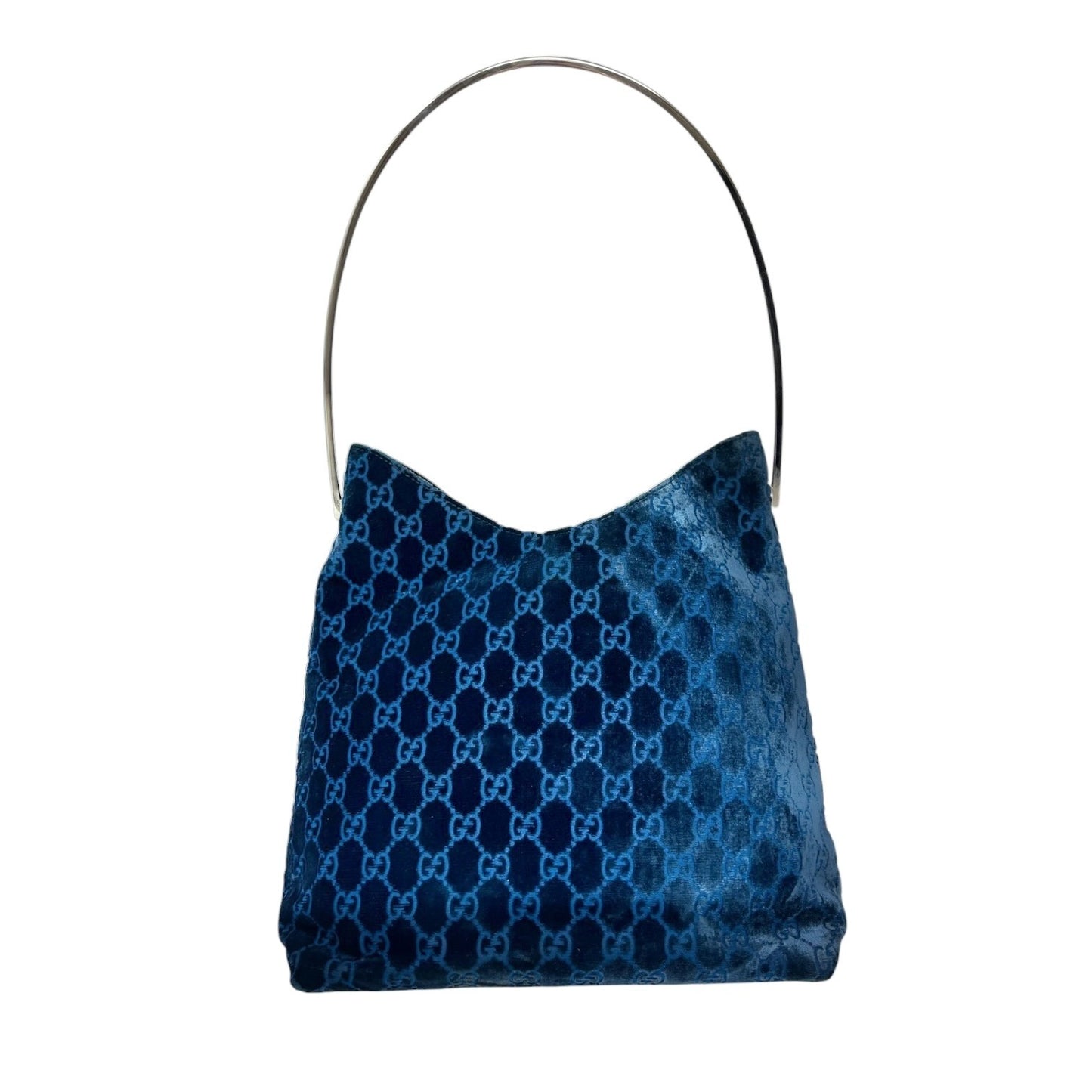 Gucci Vintage GG Monogram Suede Hobo Shoulder Bag Blue Silver Leather 902062