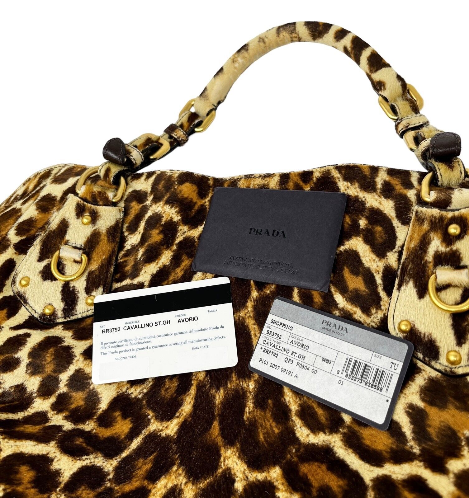 PRADA Vintage Logo 2way Tote Bag Brown Gold Calf Hair Leopard Crossbody Rank AB