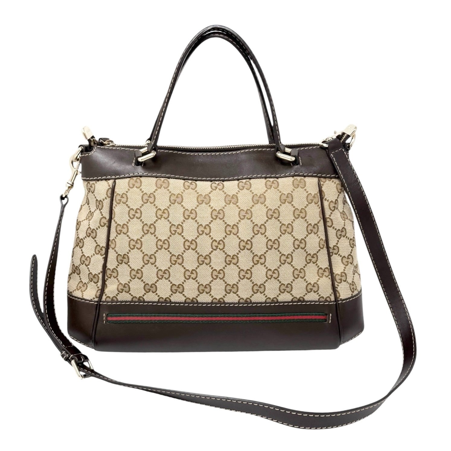 GUCCI Vintage GG Monogram Web Stripe 2way Shoulder Bag Beige Brown Ribbon