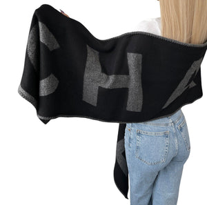 CHANEL Vintage Logo Muffler Scarf Wrap Accessory Black Gray Silk Cashmere