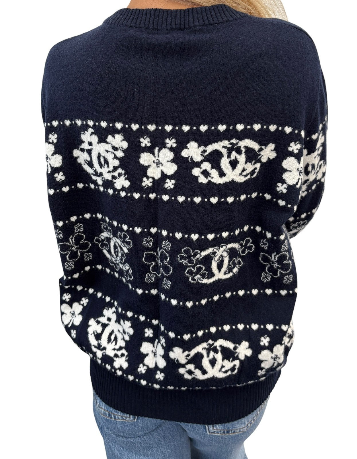 CHANEL Vintage P63037 CC Logo Cashmere Knit Sweater Top #46 Dark Blue Clover