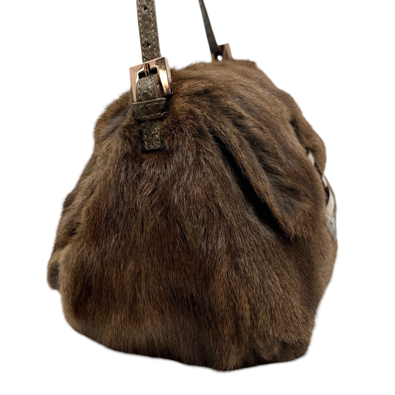 FENDI Vintage FF Logo Fur Mini Mamma Baguette Shoulder Bag Brown Gold Leather