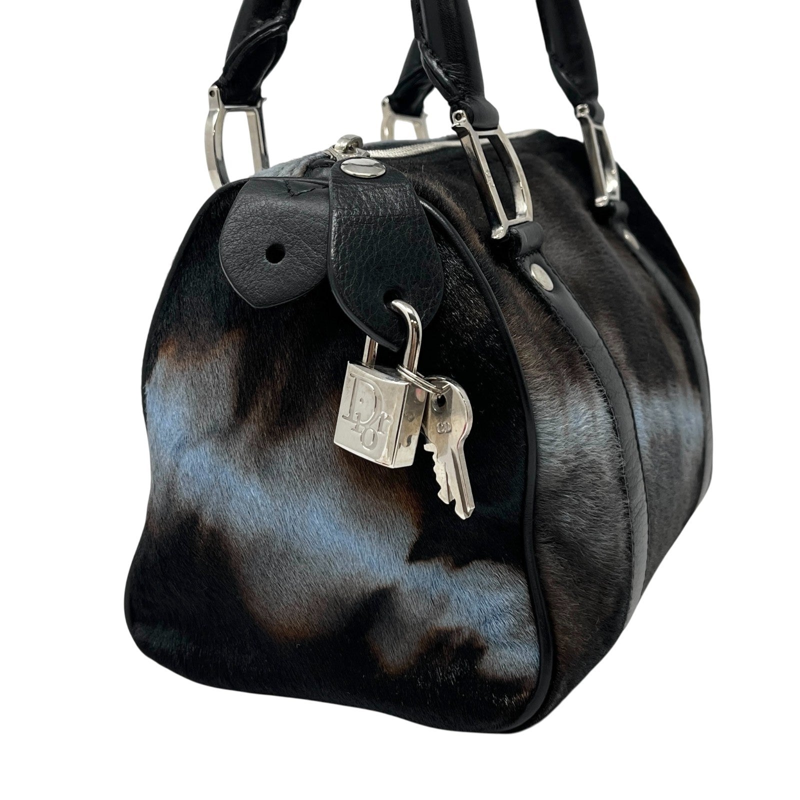 Christian Dior Vintage Mini Bowler Bag Padlock Tie Dye Calf Hair Black Blue