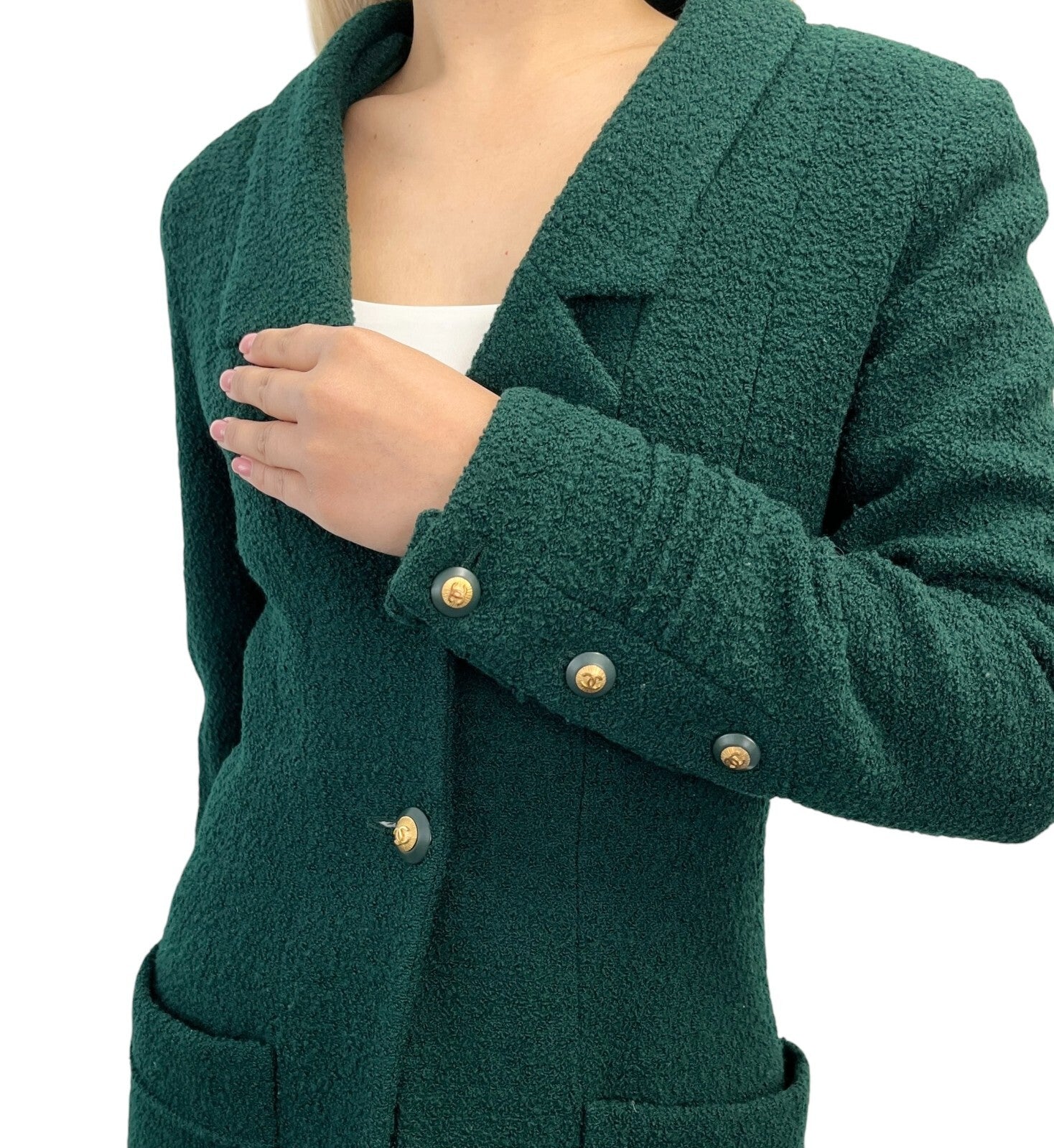 CHANEL Vintage CC Mark Logo Tweed Jacket Button Pocket Green Gold Wool