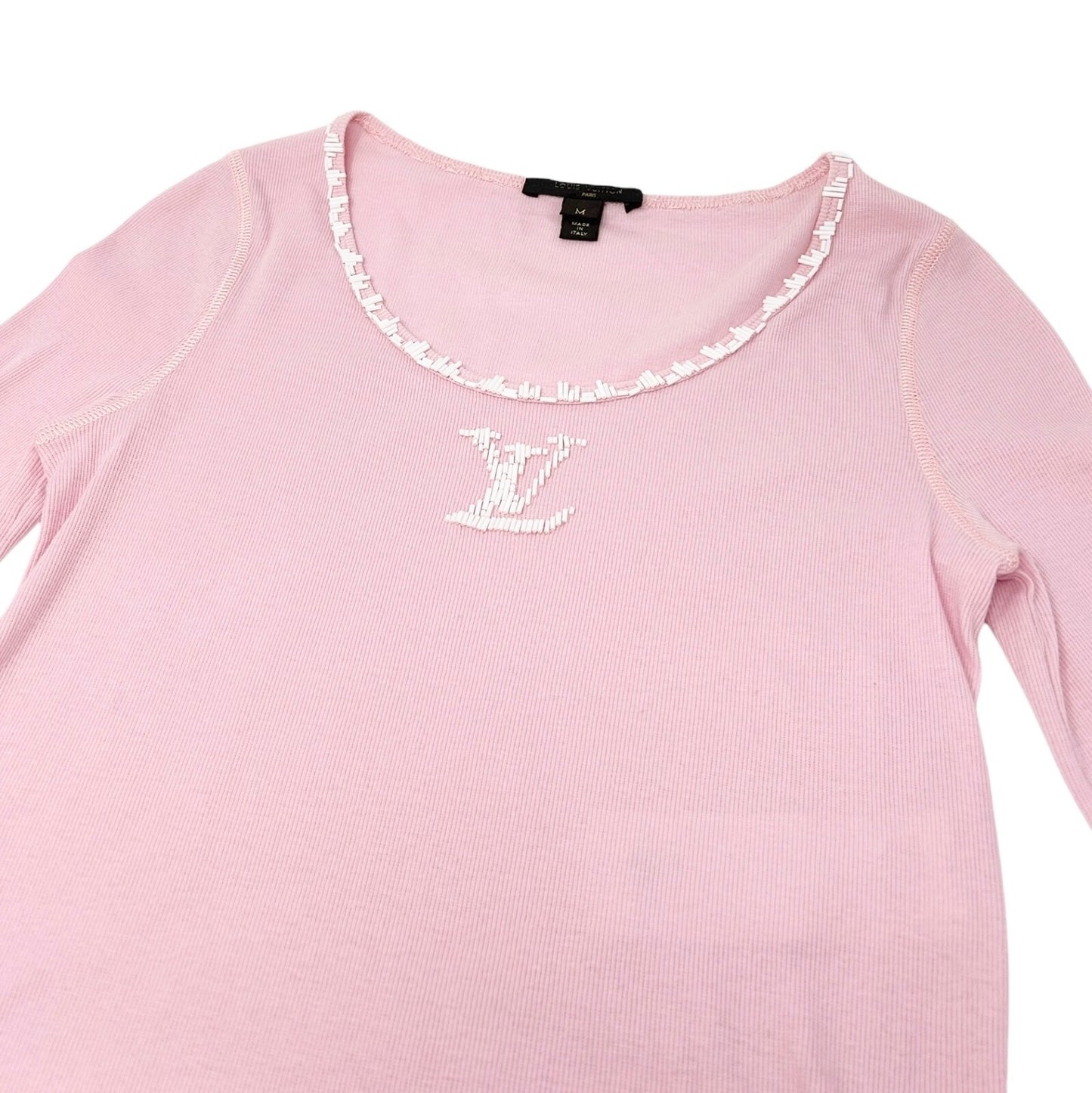 LOUIS VUITTON Vintage LV Logo 3/4 Sleeve Top #M Pink White Cotton Beads