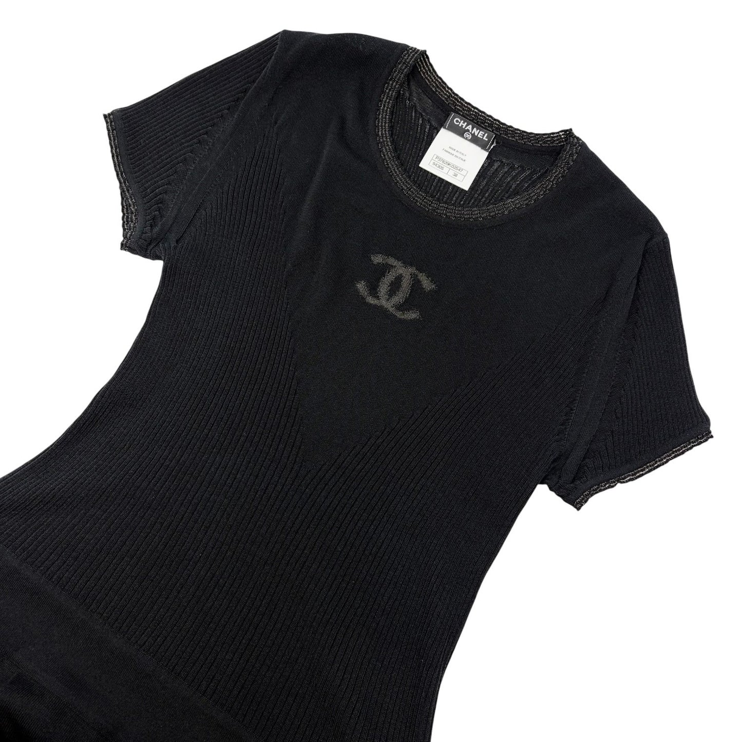 CHANEL Vintage P37829 CC Button Rib Knit Dress One-piece Black #38 Sheer 902018