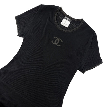 CHANEL Vintage P37829 CC Button Rib Knit Dress One-piece Black #38 Sheer 902018