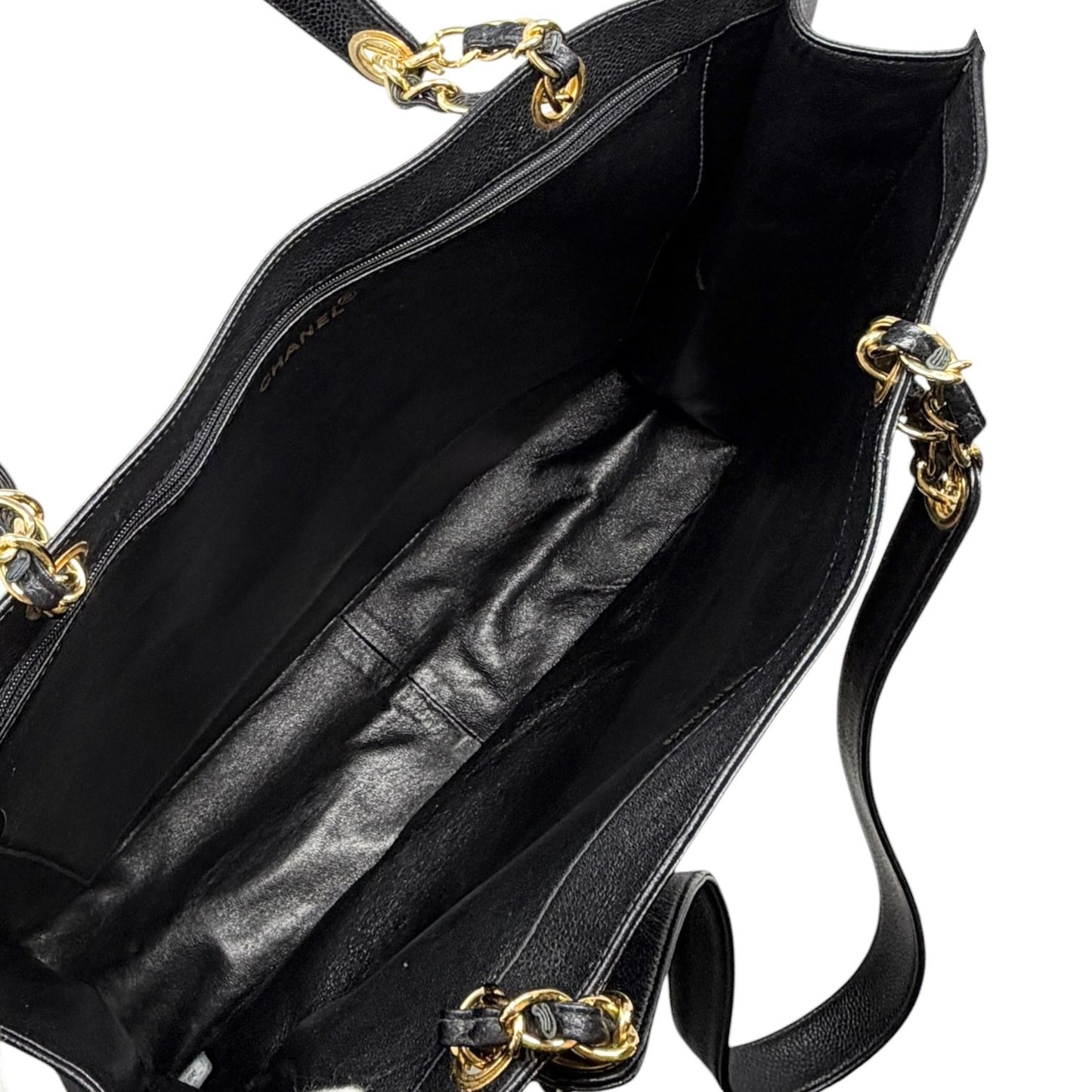 CHANEL Vintage Bic CC Logo Chain Shoulder Tote Bag Black Gold Leather 902079
