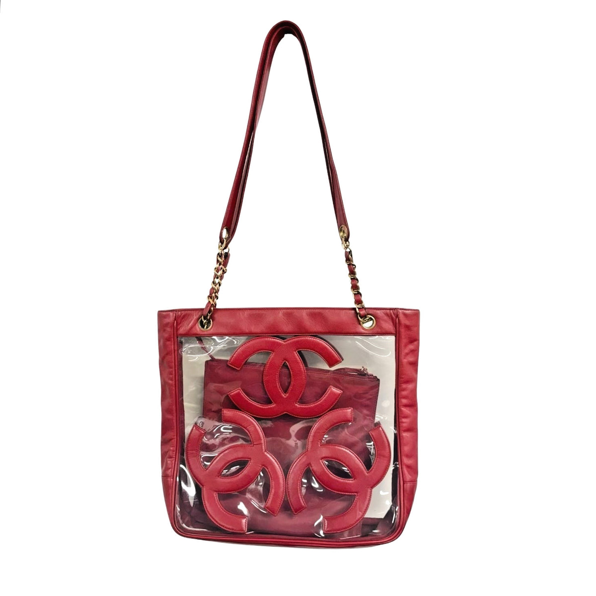 CHANEL Vintage Triple CC Logo Clear Tote Shoulder Bag Red Pouch 902320