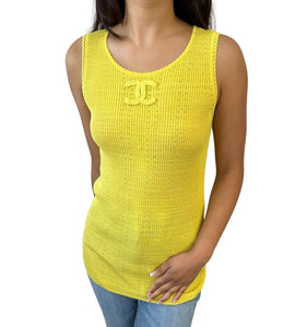 CHANEL Vintage 09P CC Mark Logo Knit Tank Top #38 Yellow Cotton Tunic Rank AB