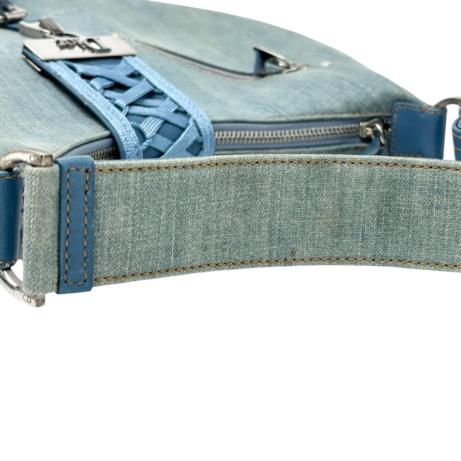 Christian Dior Vintage 2002 Admit It Denim Shoulder Bag Blue Silver Cotton