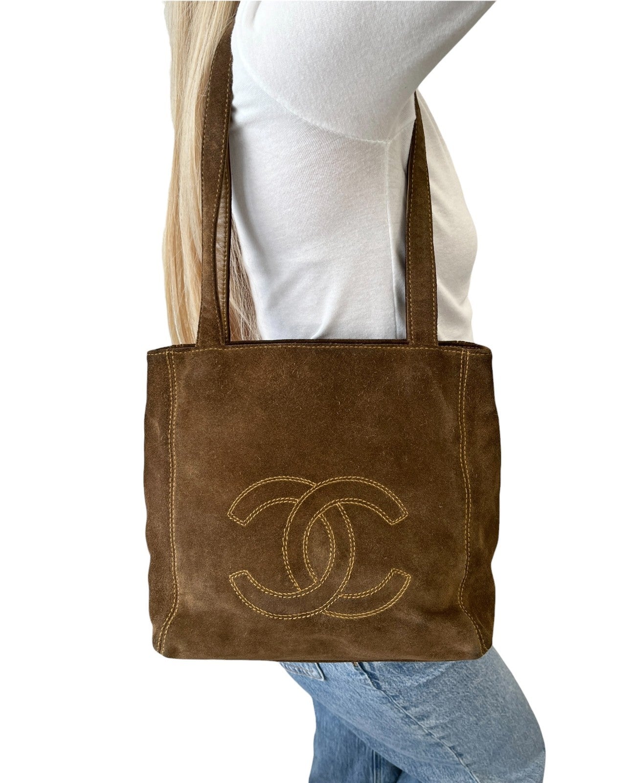 CHANEL Vintage CC Logo Stitch Suede Shoulder Tote Bag Brown Beige 902208