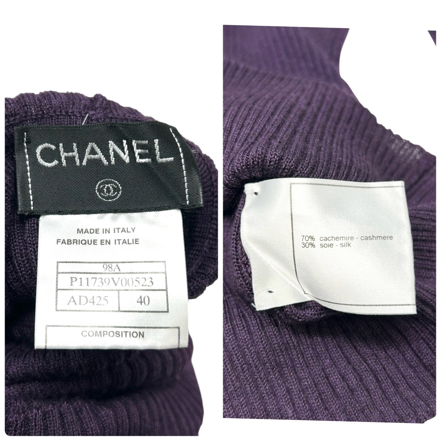 CHANEL Vintage 98A CC Logo Rib Knit Sweater Top #40 Turtleneck Purple Cashmere