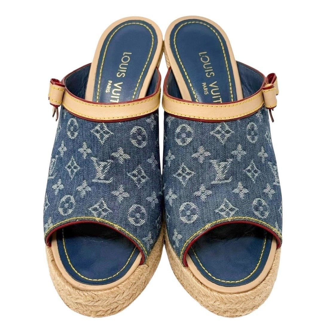 LOUIS VUITTON Vintage Monogram LV Logo Denim Sandals Heels #37.5 Blue Leather