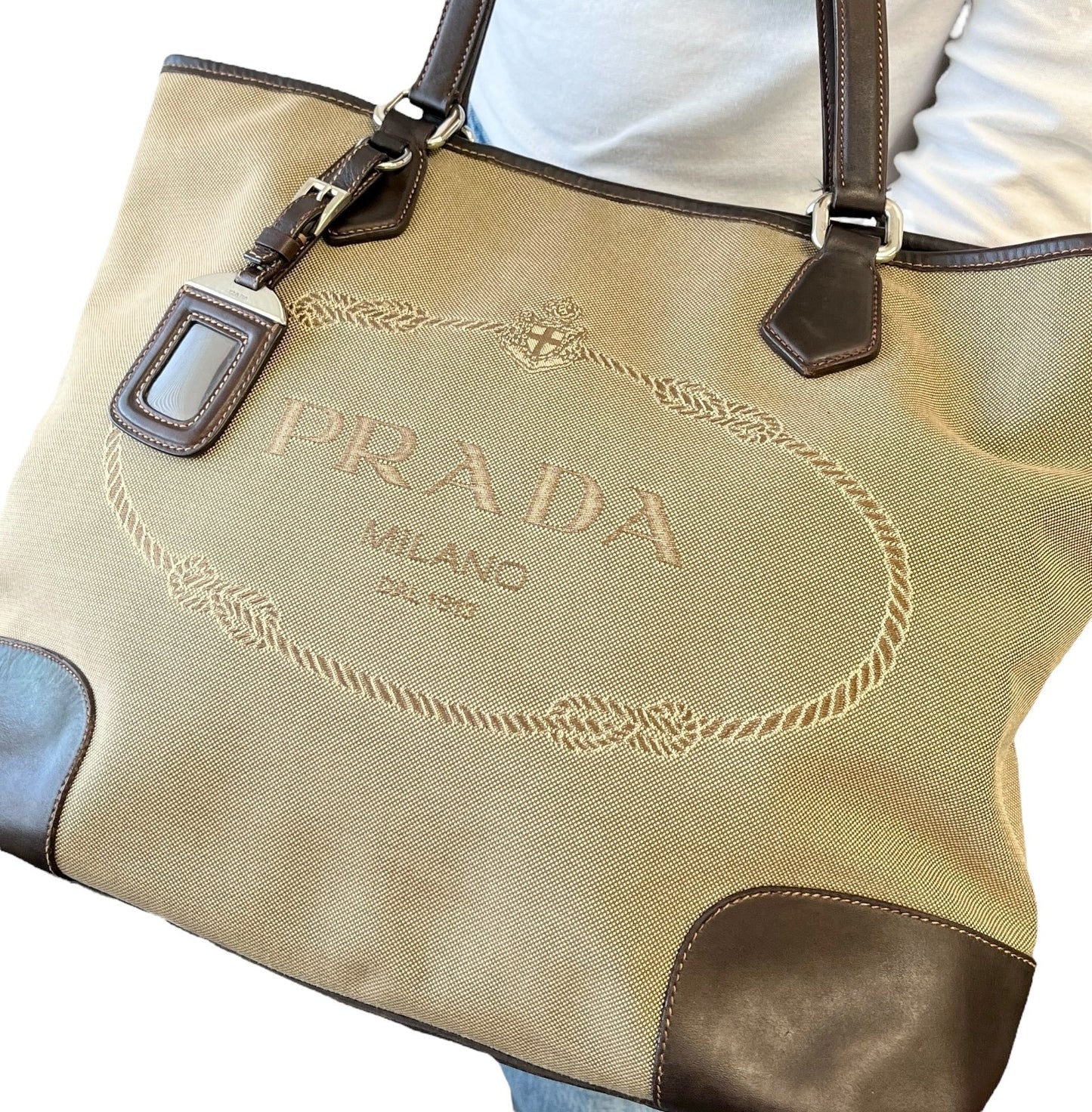PRADA Vintage Jacquard Logo Tote Bag Brown Silver Canvas Leather 902047
