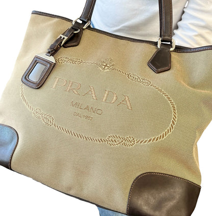 PRADA Vintage Jacquard Logo Tote Bag Brown Silver Canvas Leather 902047