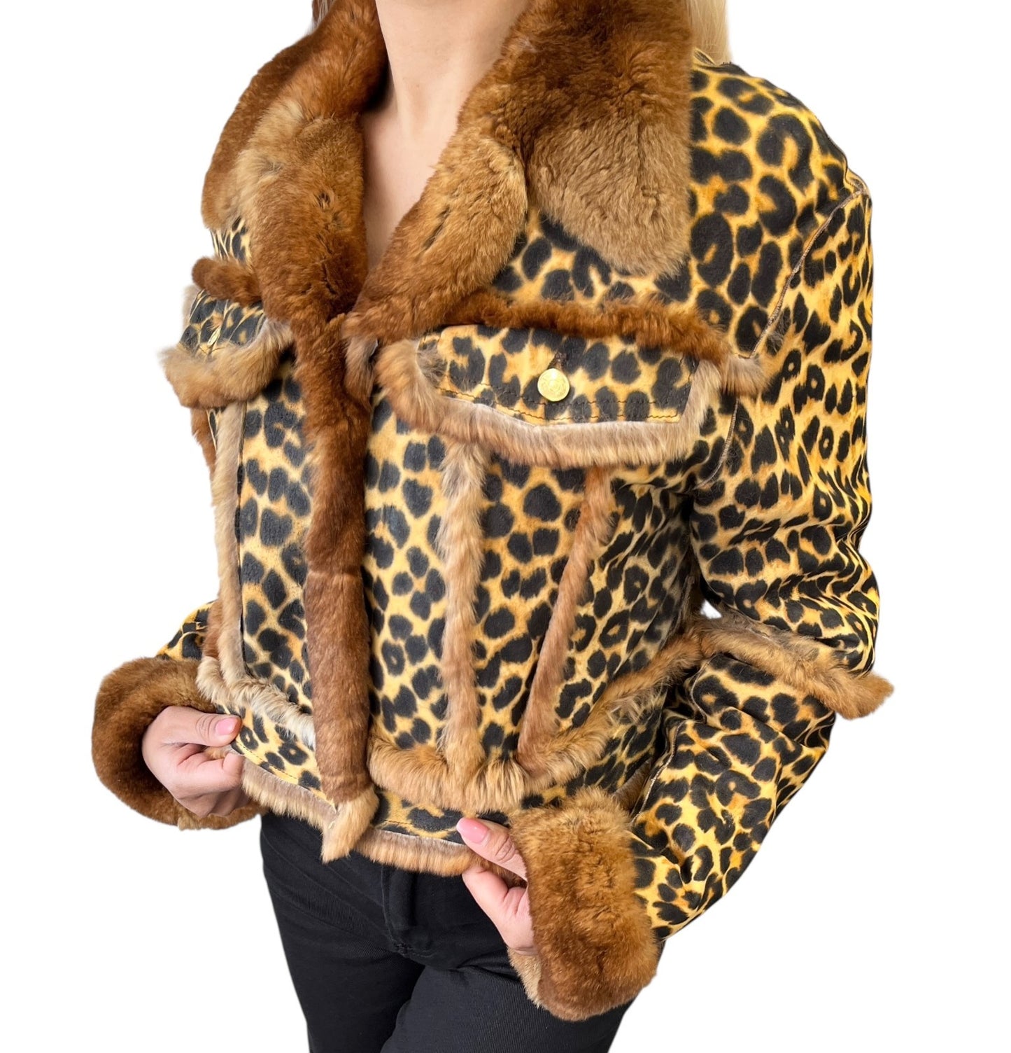 Christian Dior Vintage Leopard Shearling Fur Jacket Top #40 Brown Leather