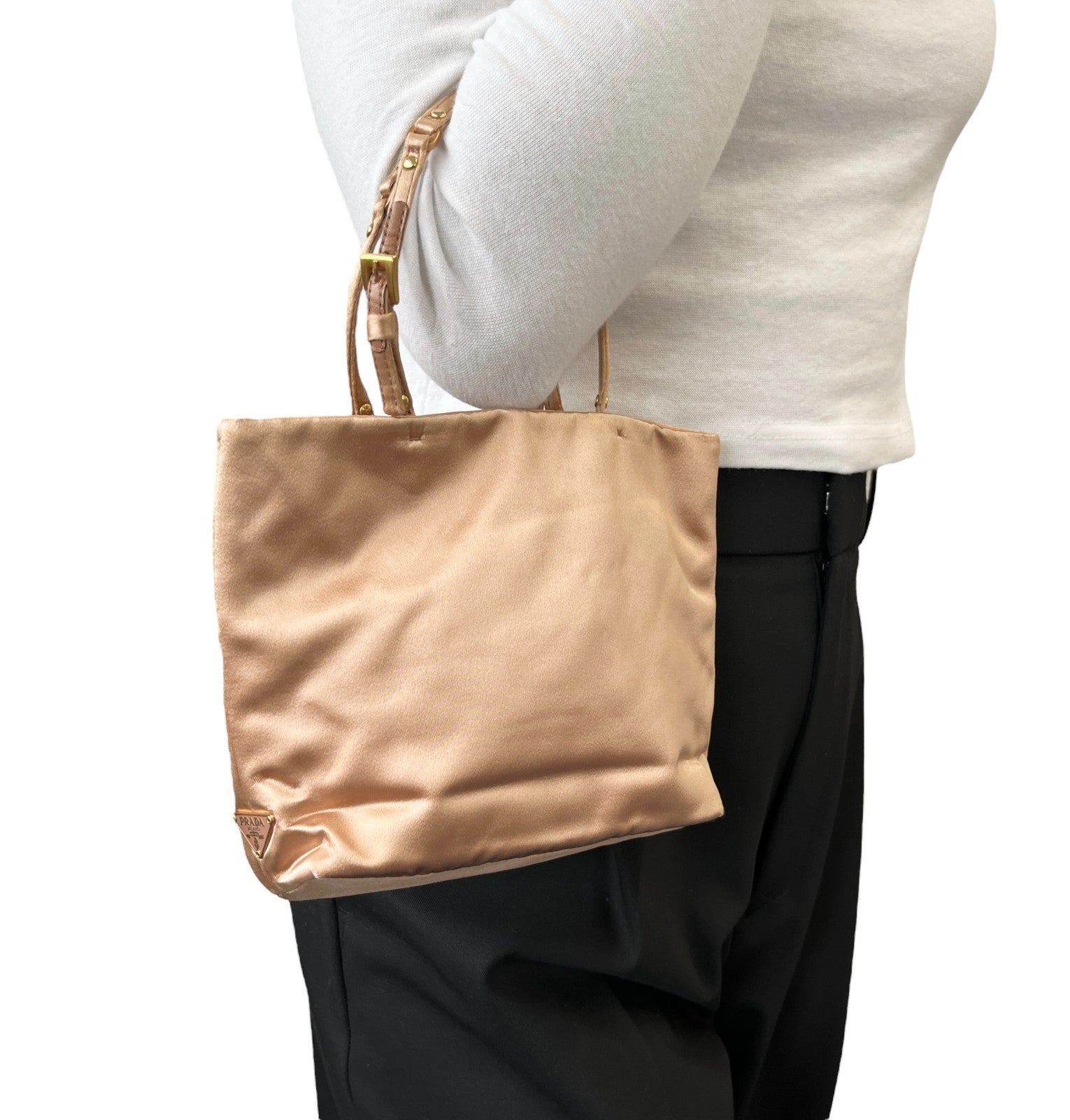 PRADA Vintage Triangle Logo Mini Tote Bag HandBag Pochette Beige Gold Satin