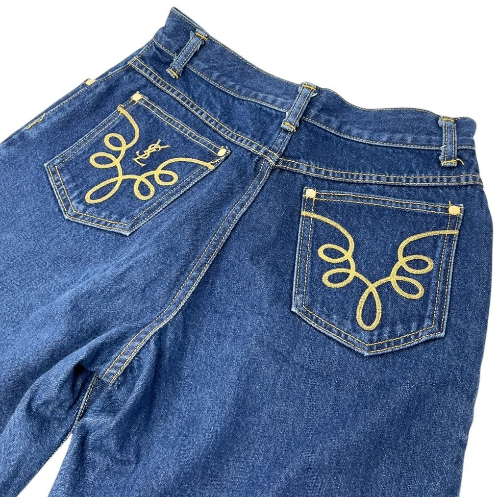 Yves Saint Laurent Vintage YSL Logo Denim Cropped Pants #40 Blue Gold Cotton