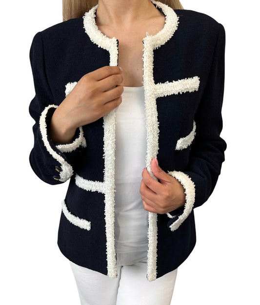 CHANEL Vintage CC Logo Button Tweed Jacket Blue White Wool Silk 106914