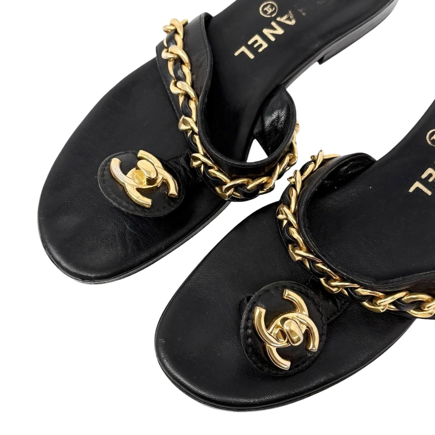 CHANEL Vintage Turnlock CC Logo Chain Sandals #37-37.5 Black Gold Leather 901814