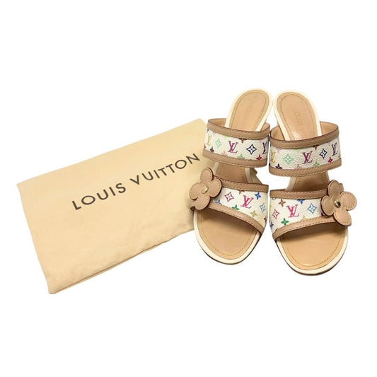 LOUIS VUITTON Vintage Monogram Multicolor Flower Sandals Heels #37 White 902030