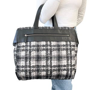 CHANEL Vintage 2013 CC Logo Tweed Print Tote Bag Black Silver Nylon Leather