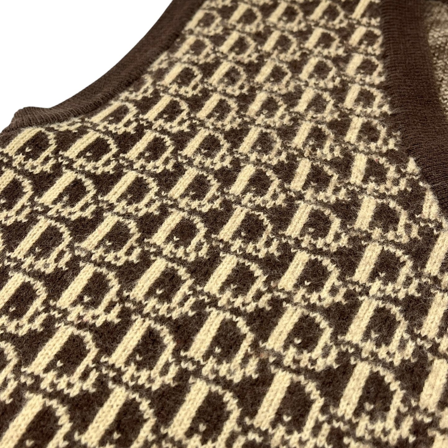 Christian Dior Vintage Trotter Monogram Logo Knit Vest V-neck Brown Beige Wool