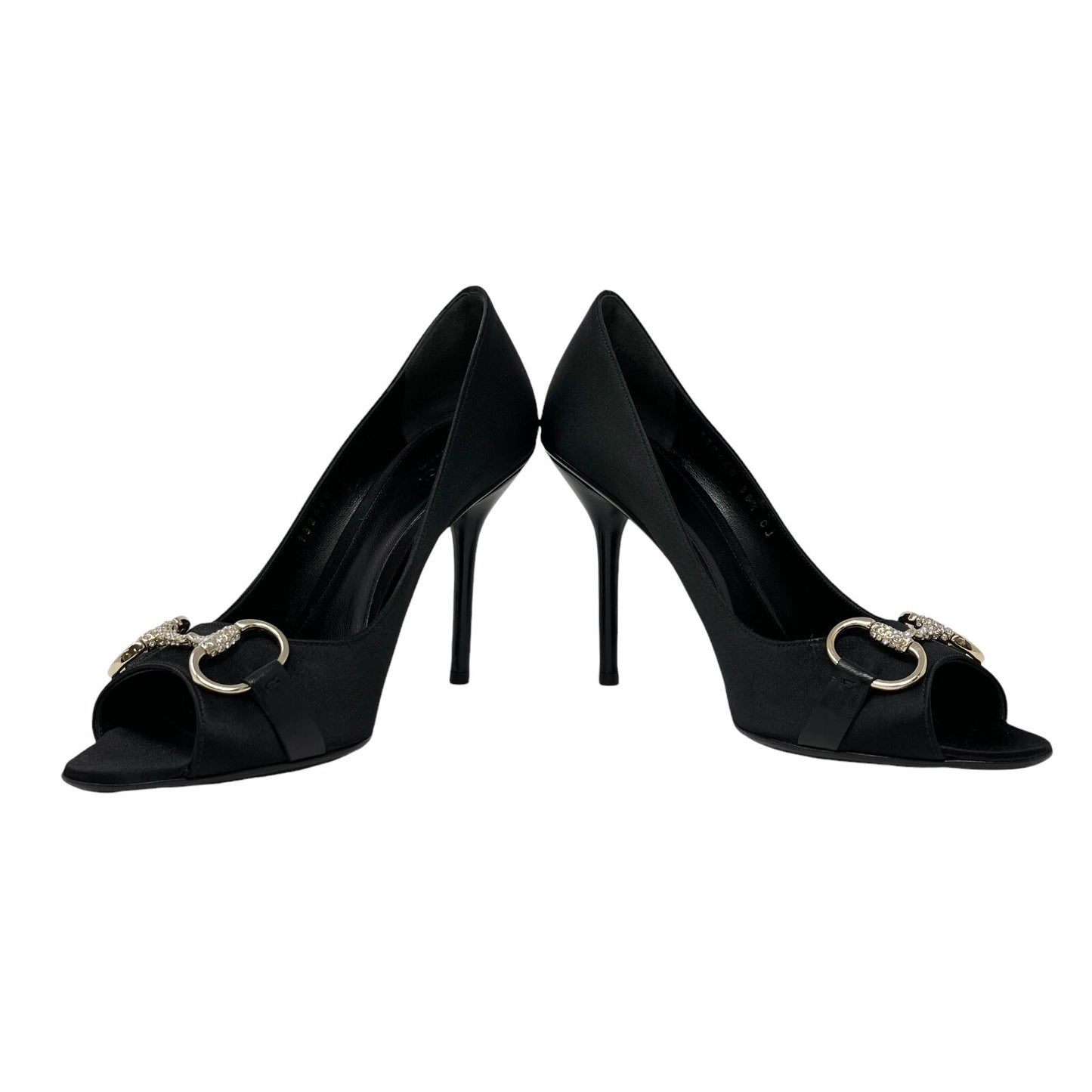 GUCCI Vintage Logo Horsebit Heels #38.5 US 8.5 Black Rhinestone Satin Rank AB+