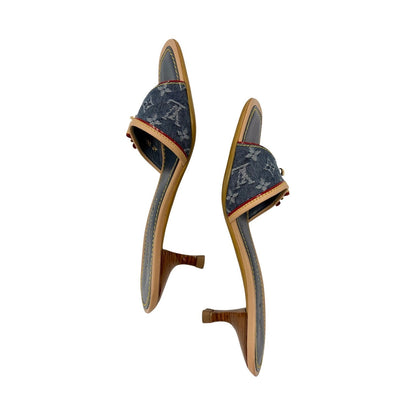 LOUIS VUITTON Vintage Monogram Denim Sandals Heels #36-36.5 Blue Beige 902374
