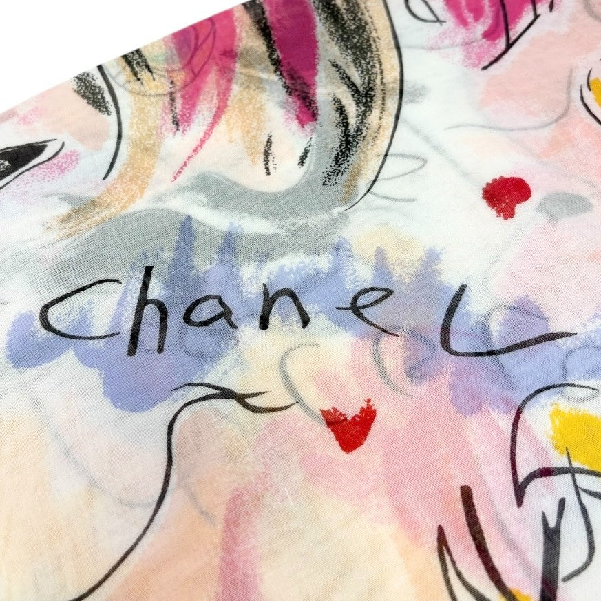 CHANEL Vintage CC Logo Big Scarf Wrap Pareo Iconic Pink Multicolor Cotton Paris