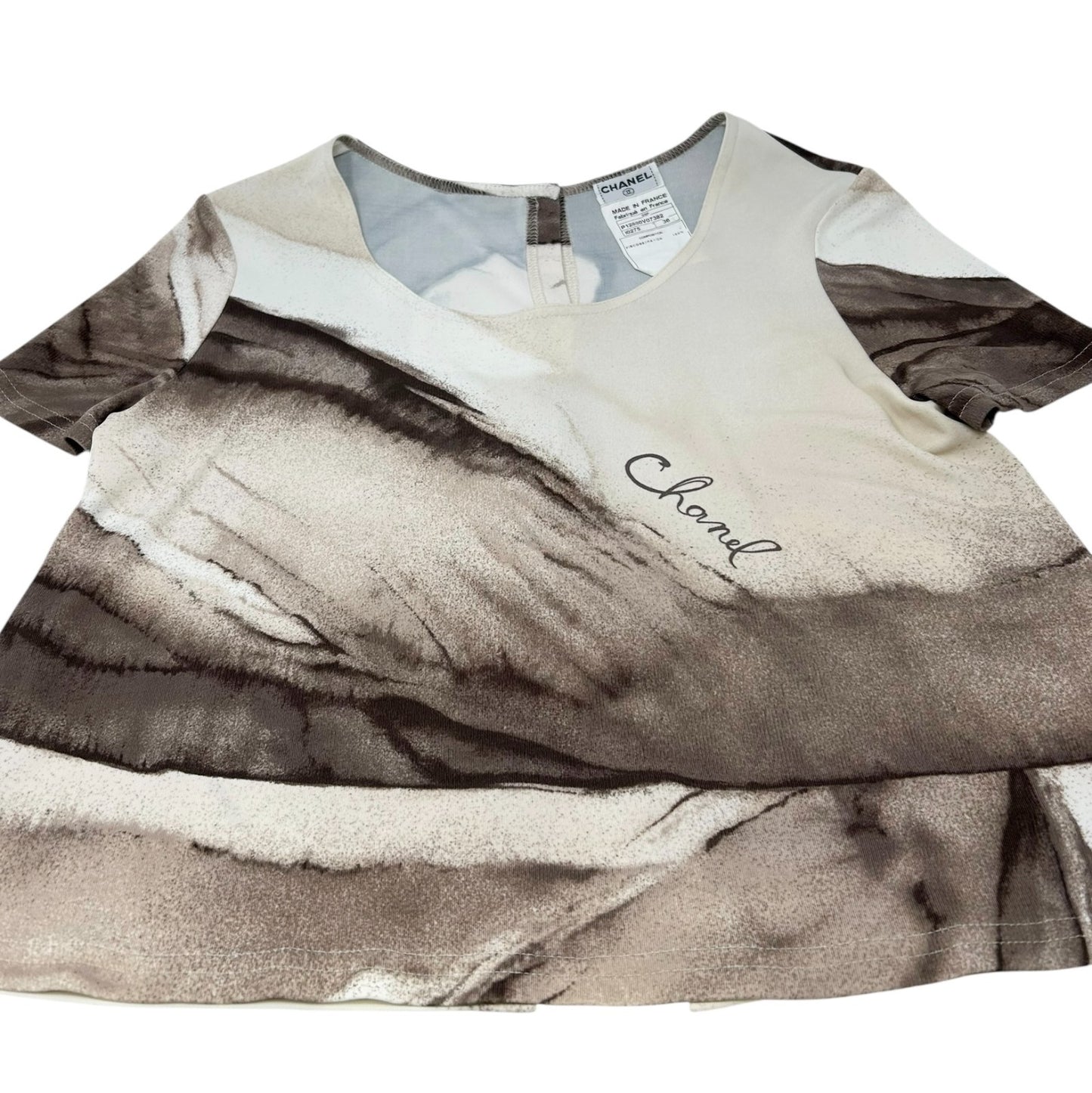 CHANEL Vintage 99P Logo Cropped T-shirt Top #36 Viscose Button Brown Cream
