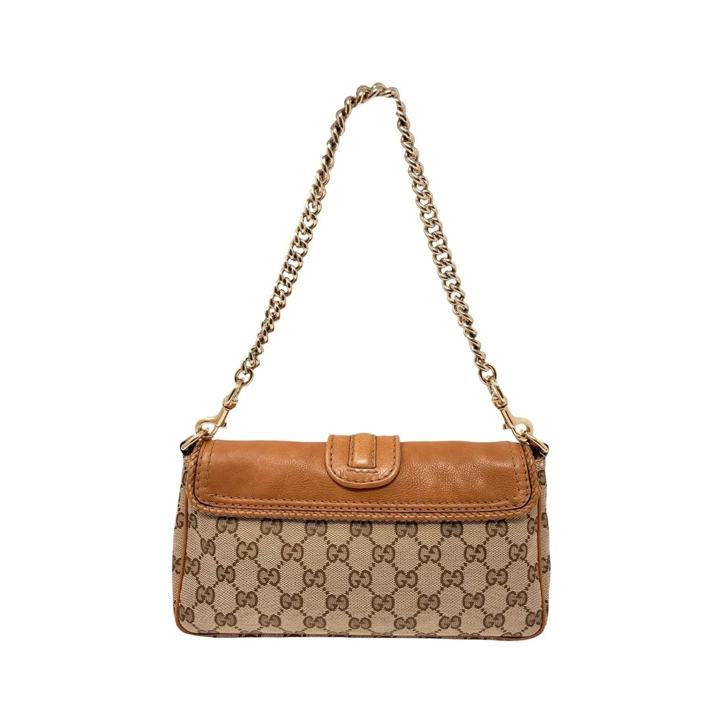 GUCCI Vintage GG Monogram Logo Chain Shoulder Bag Fringe Brown Beige Gold