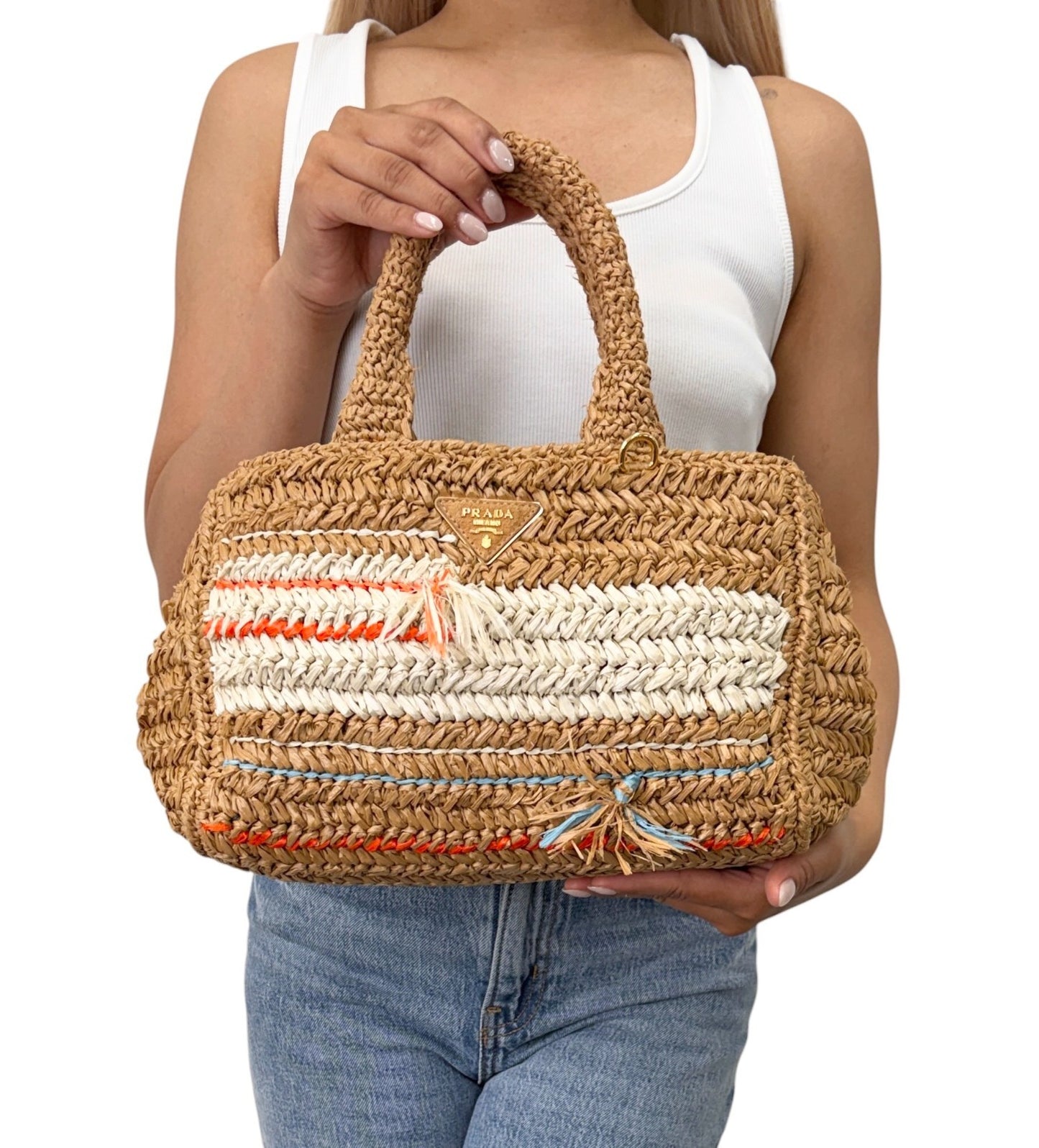 PRADA Vintage Raffia Straw Tote Crossbody Bag 2way Brown Multicolor 901877