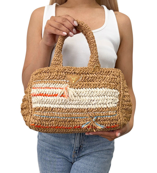PRADA Vintage Raffia Straw Tote Crossbody Bag 2way Brown Multicolor 901877
