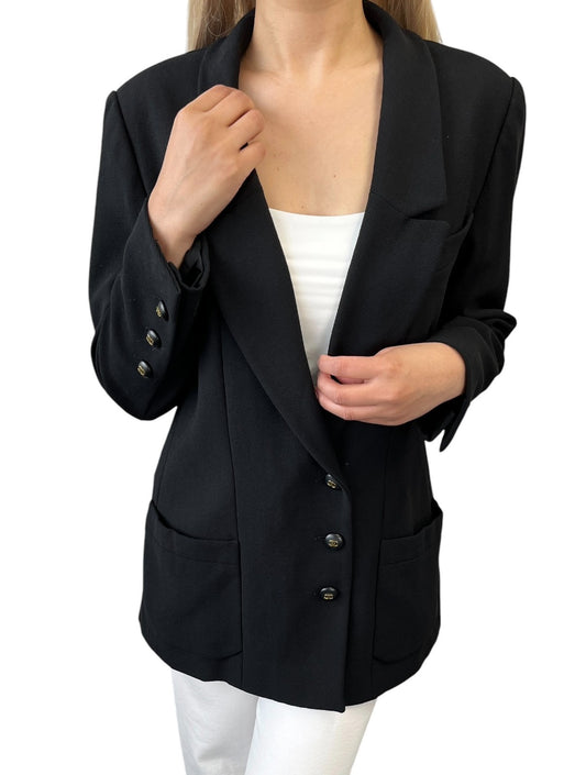 CHANEL Vintage 95C CC Logo Button Blazer Jacket #40 Black Gold Wool 901986