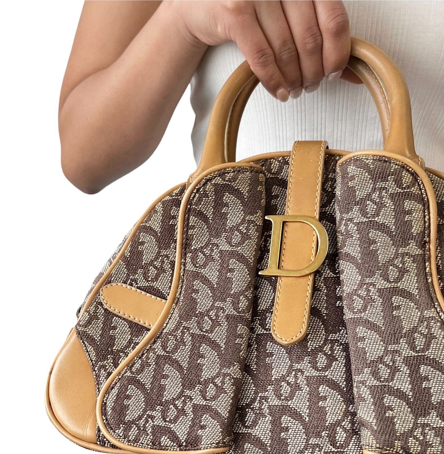 Christian Dior Vintage 2002 Trotter Monogram Double Saddle Bowler Bag Beige