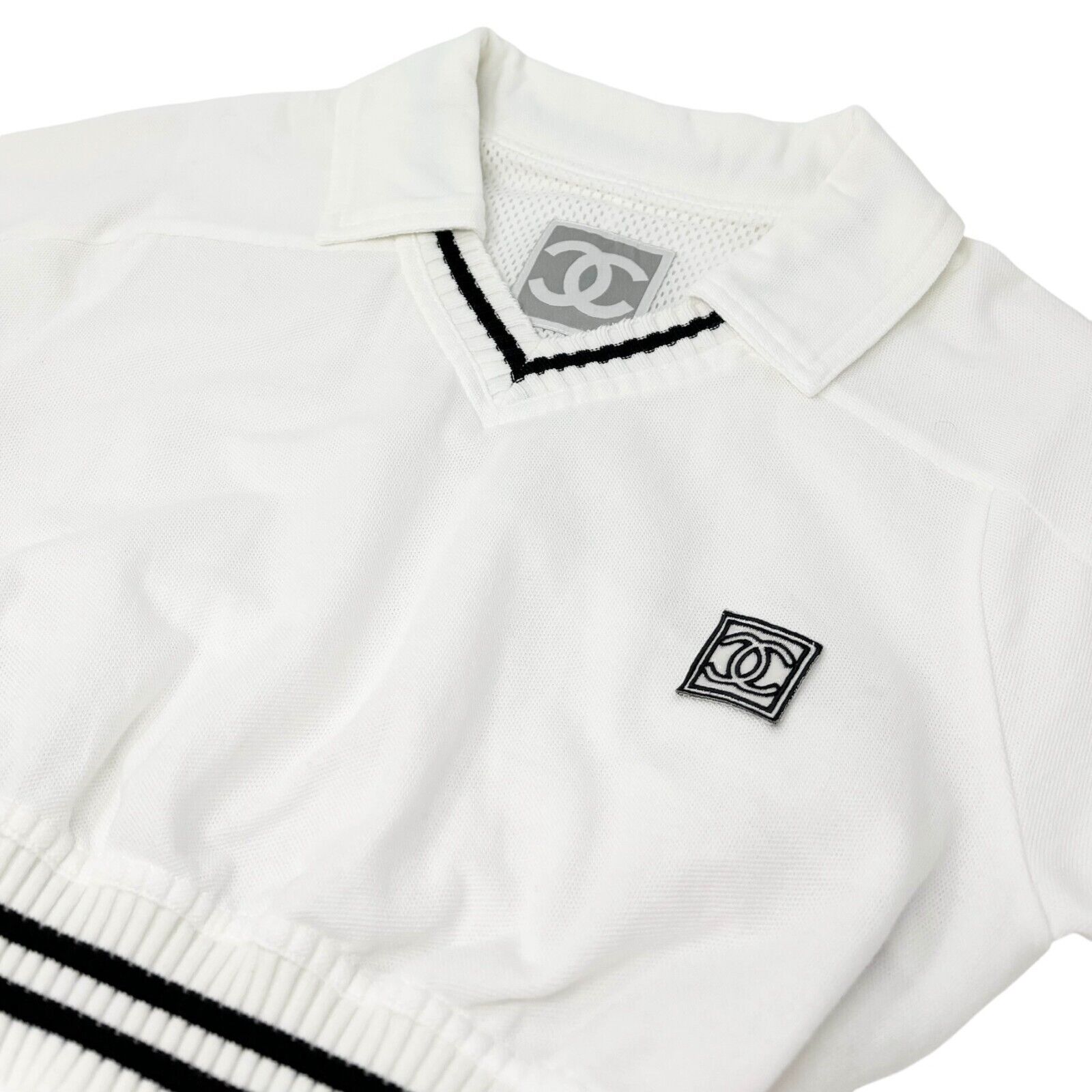 CHANEL Sport Vintage 04S CC Logo Polo Tunic #34 Top White Black Cotton Rank AB