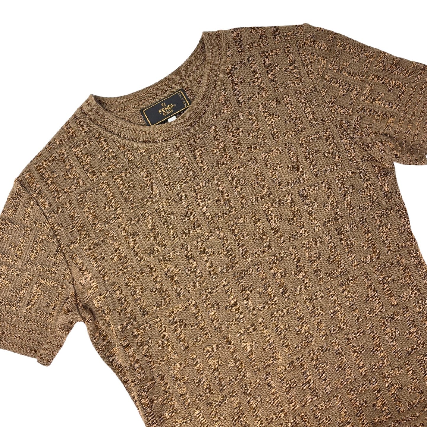 FENDI Vintage Zucca Monogram Logo Knit Top Short Sleeve Sweater Brown Cotton