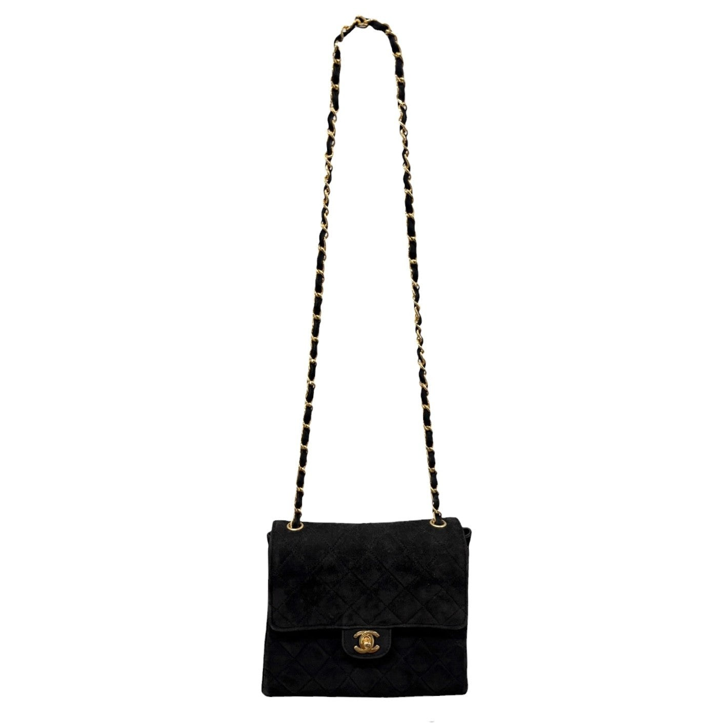 CHANEL Vintage CC Quilted Chain Crossbody Shoulder Bag Black Gold Suede 902220