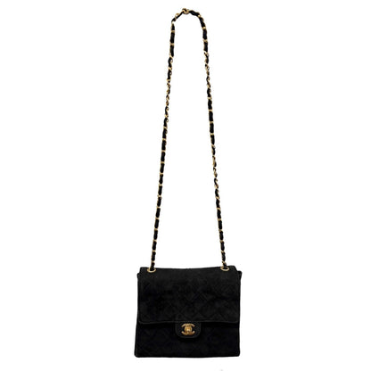 CHANEL Vintage CC Quilted Chain Crossbody Shoulder Bag Black Gold Suede 902220
