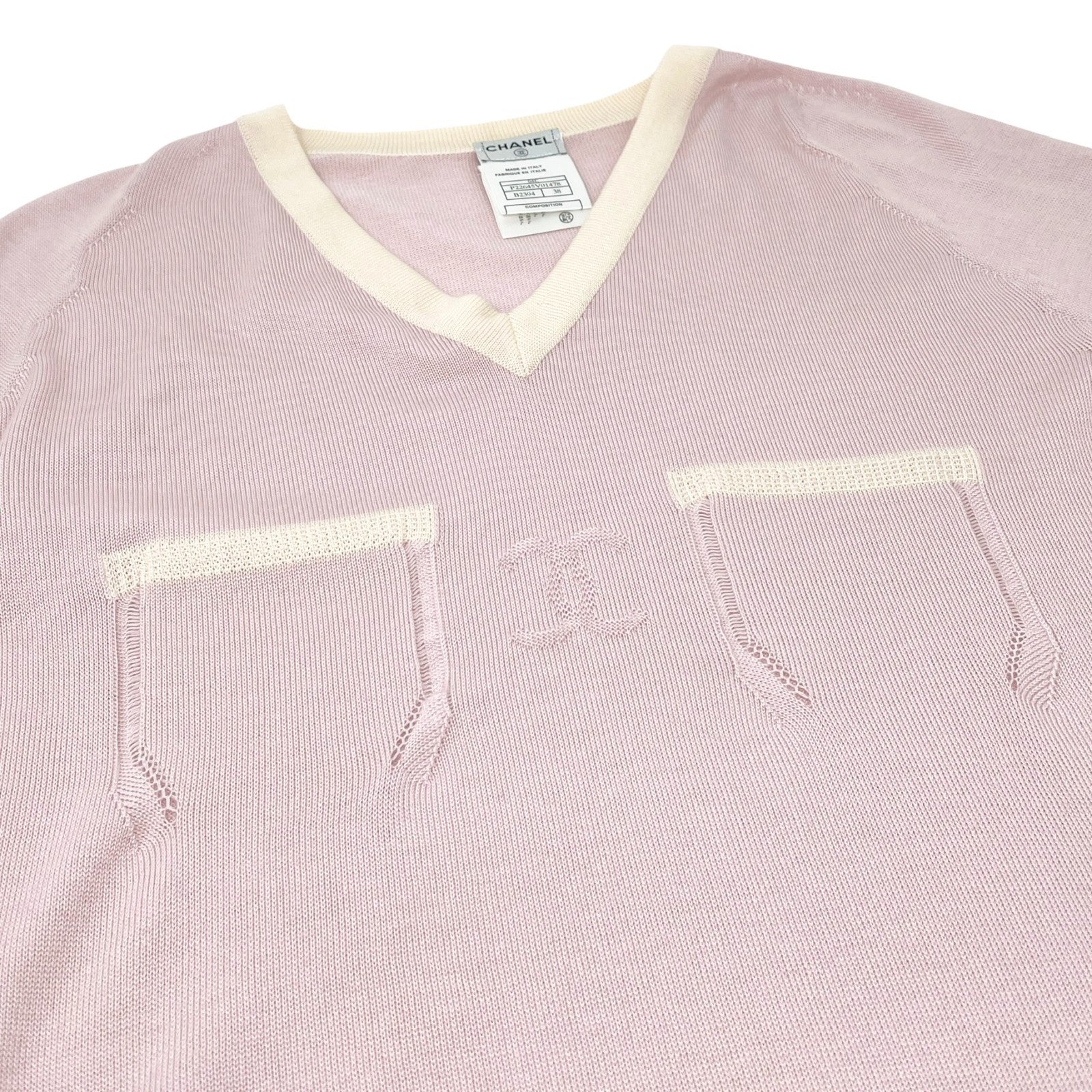CHANEL Vintage 04C CC Logo Knit Sweater Top #38 Pocket Pink Cream Cashmere